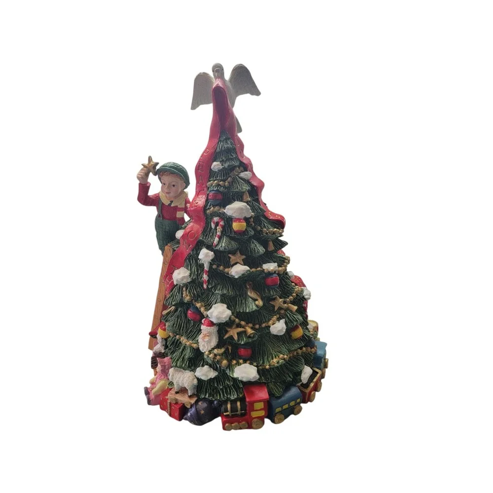 Musical Christmas Tree Figurine Boy on Ladder Joy to the World Green ReExcellent